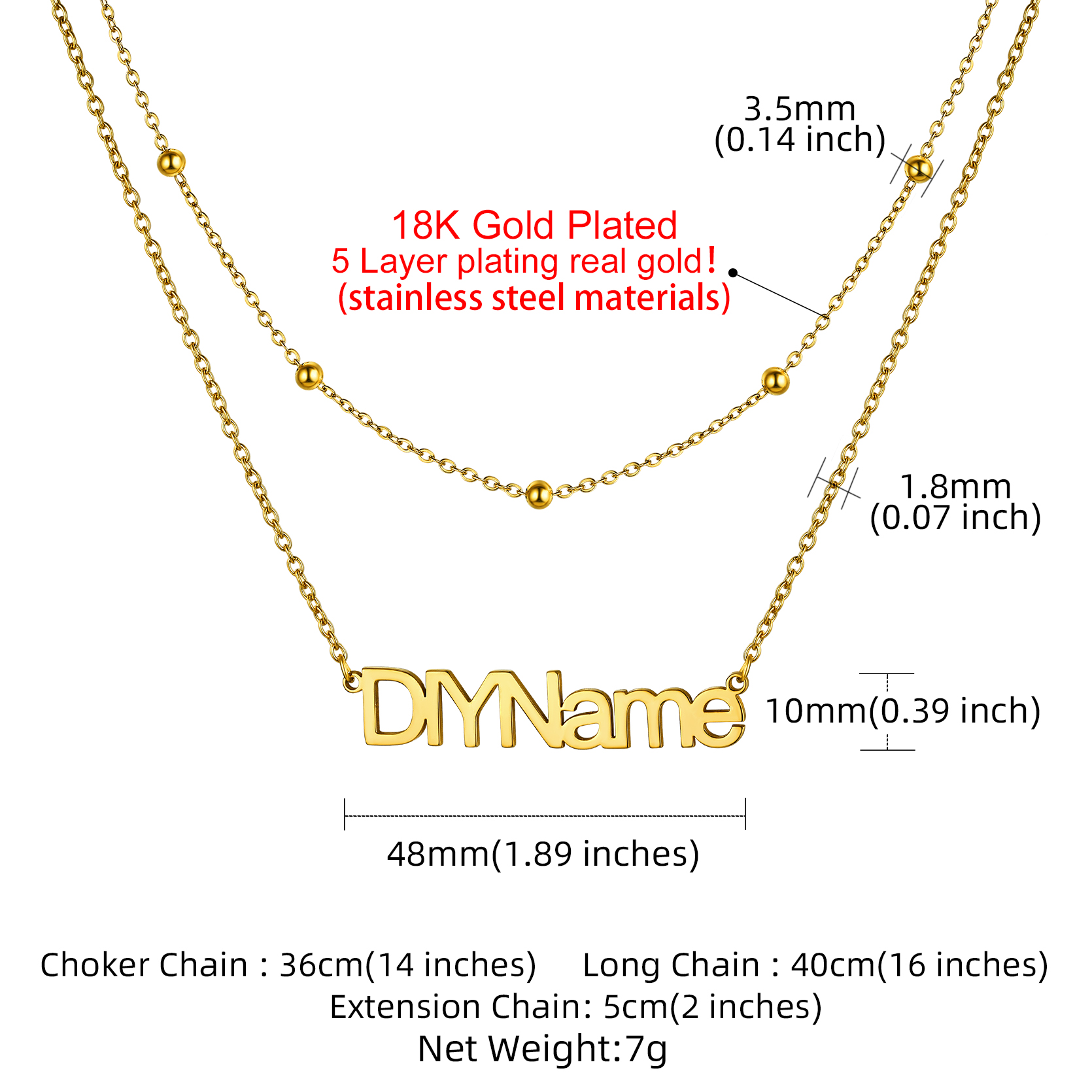 Collier Personnalisé à Double Couche avec Prénom taille