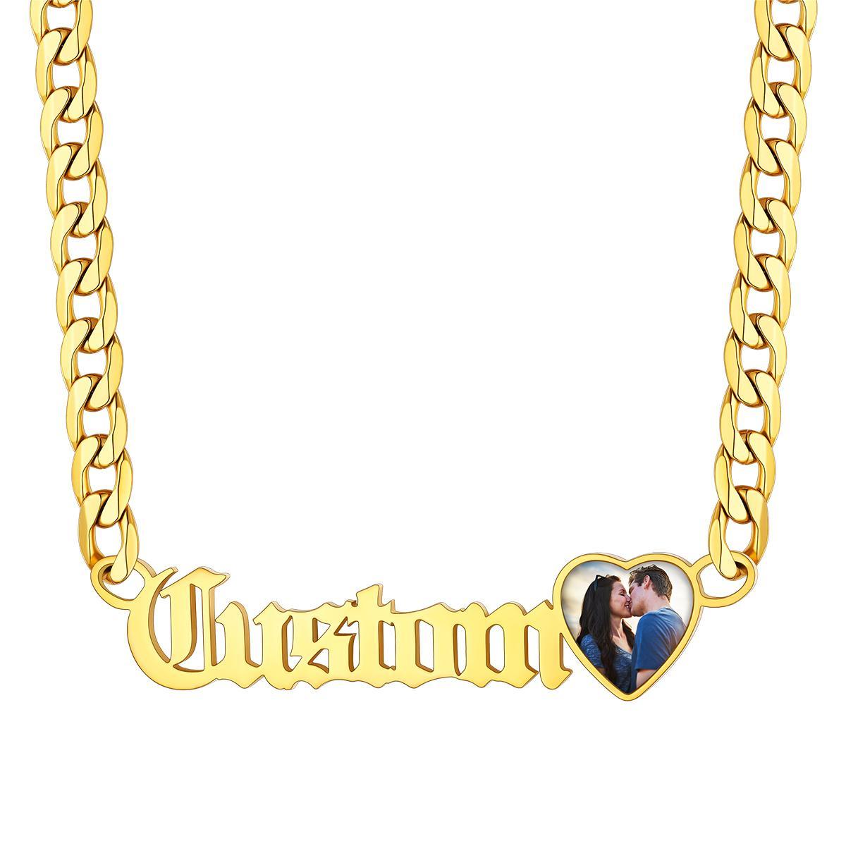 Collier Personnalisé Chaîne Cubaine avec Nom et Photo or