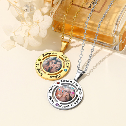 Collier Personnalisé Gravé Photo avec Prénoms et pierre de naissance 