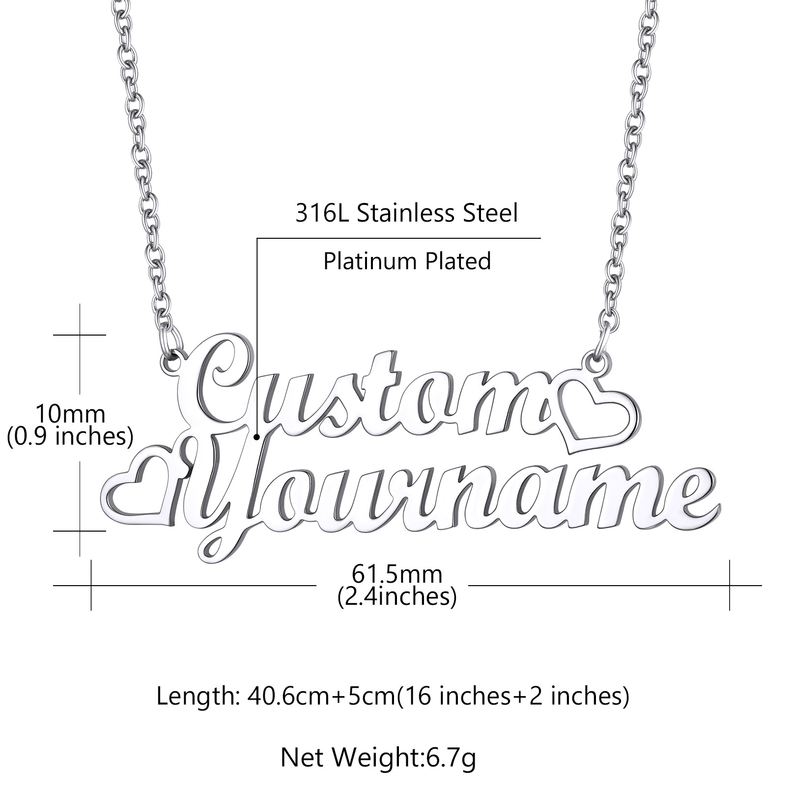 Collier Personnalisé Prénom avec Coeur pour Femme taille