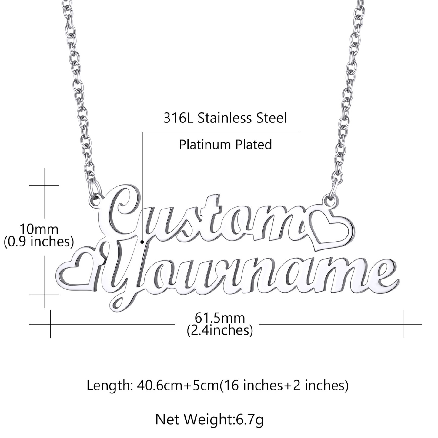 Collier Personnalisé Prénom avec Coeur pour Femme taille