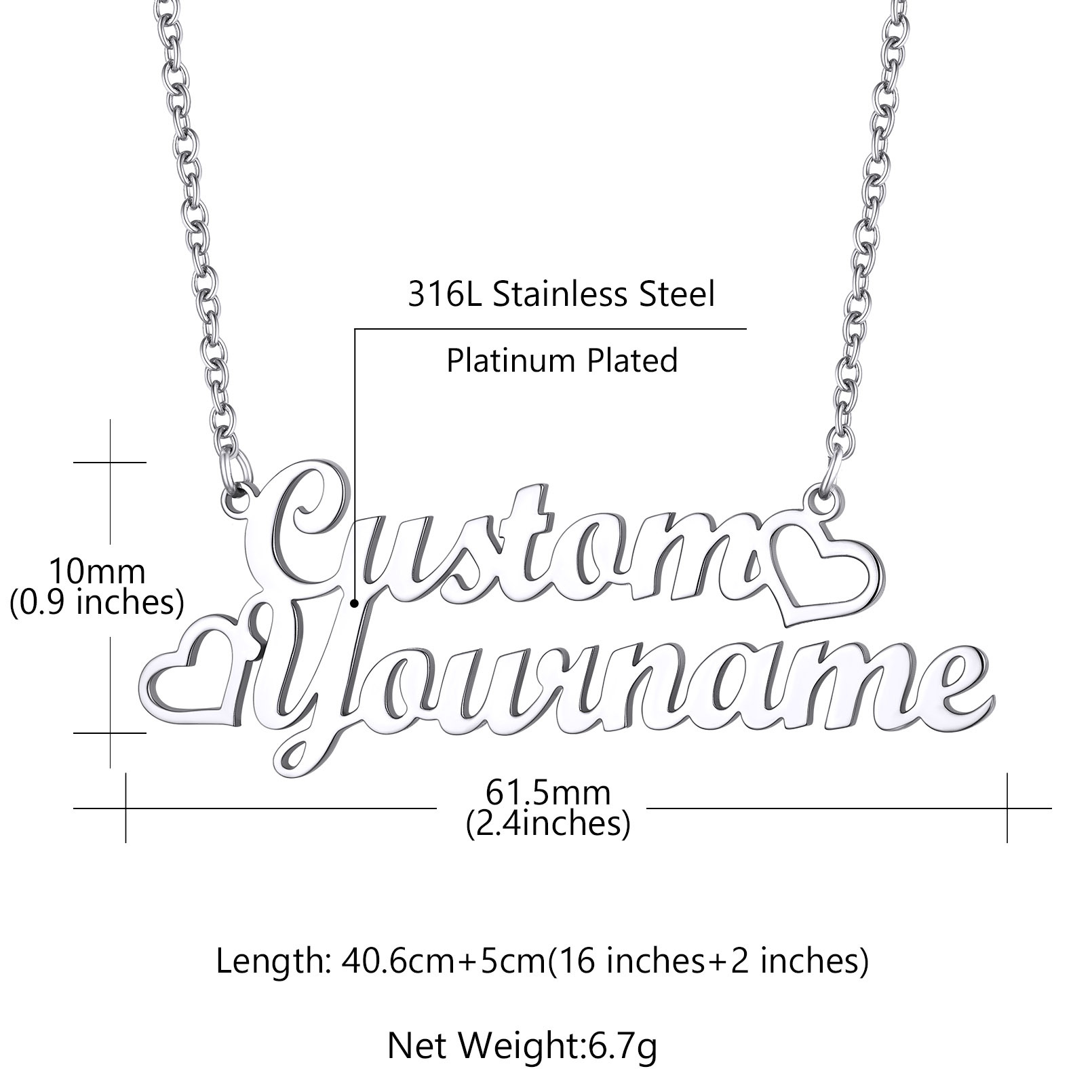 Collier Personnalisé Prénom avec Coeur pour Femme taille