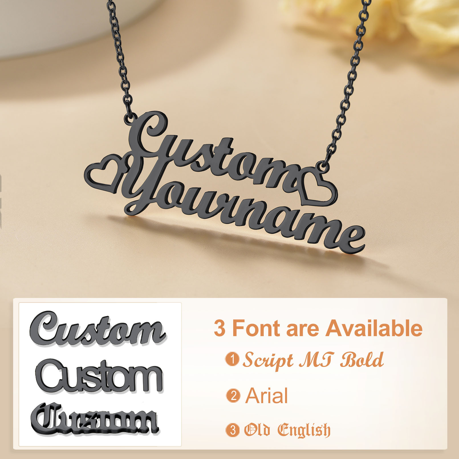 Collier Personnalisé Prénom avec Coeur pour Femme 3 polices