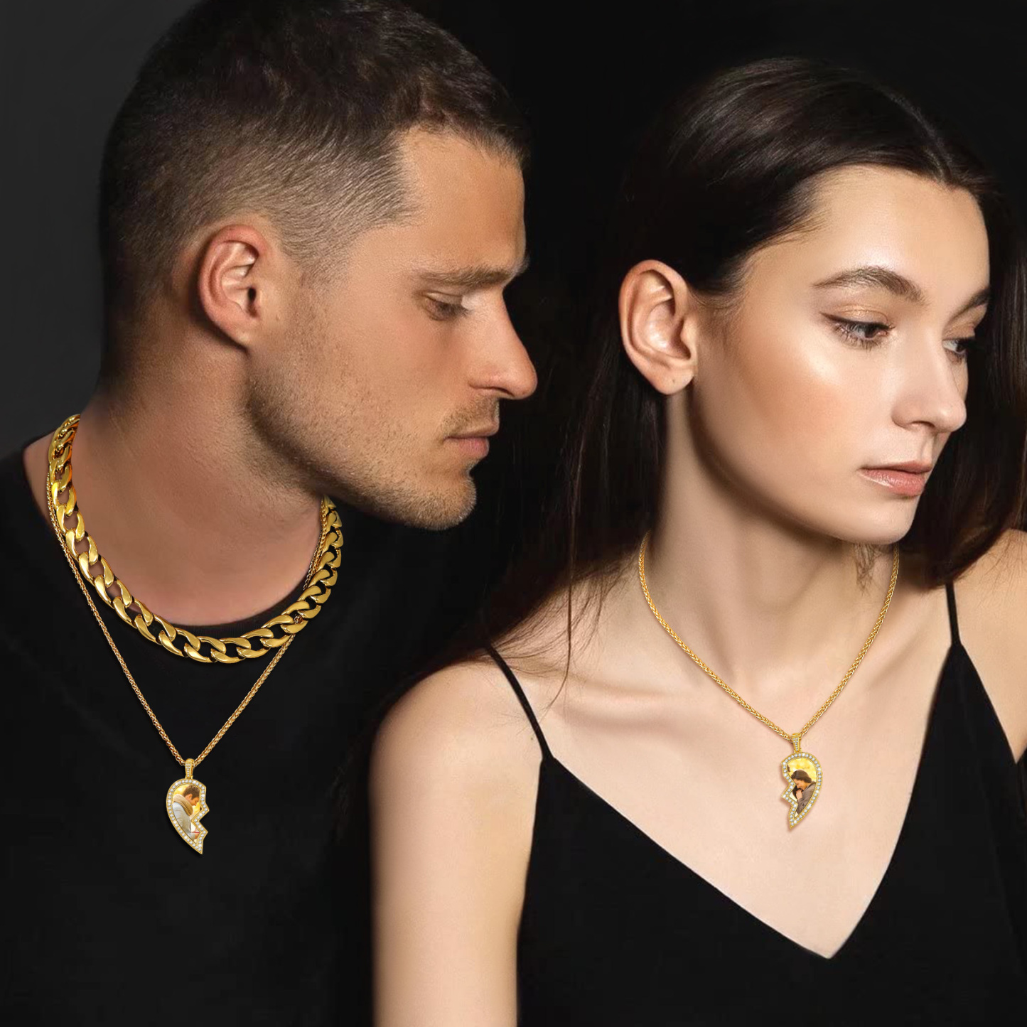 Collier Personnalisé Puzzle Gravé Cœur Photo pour Couple 