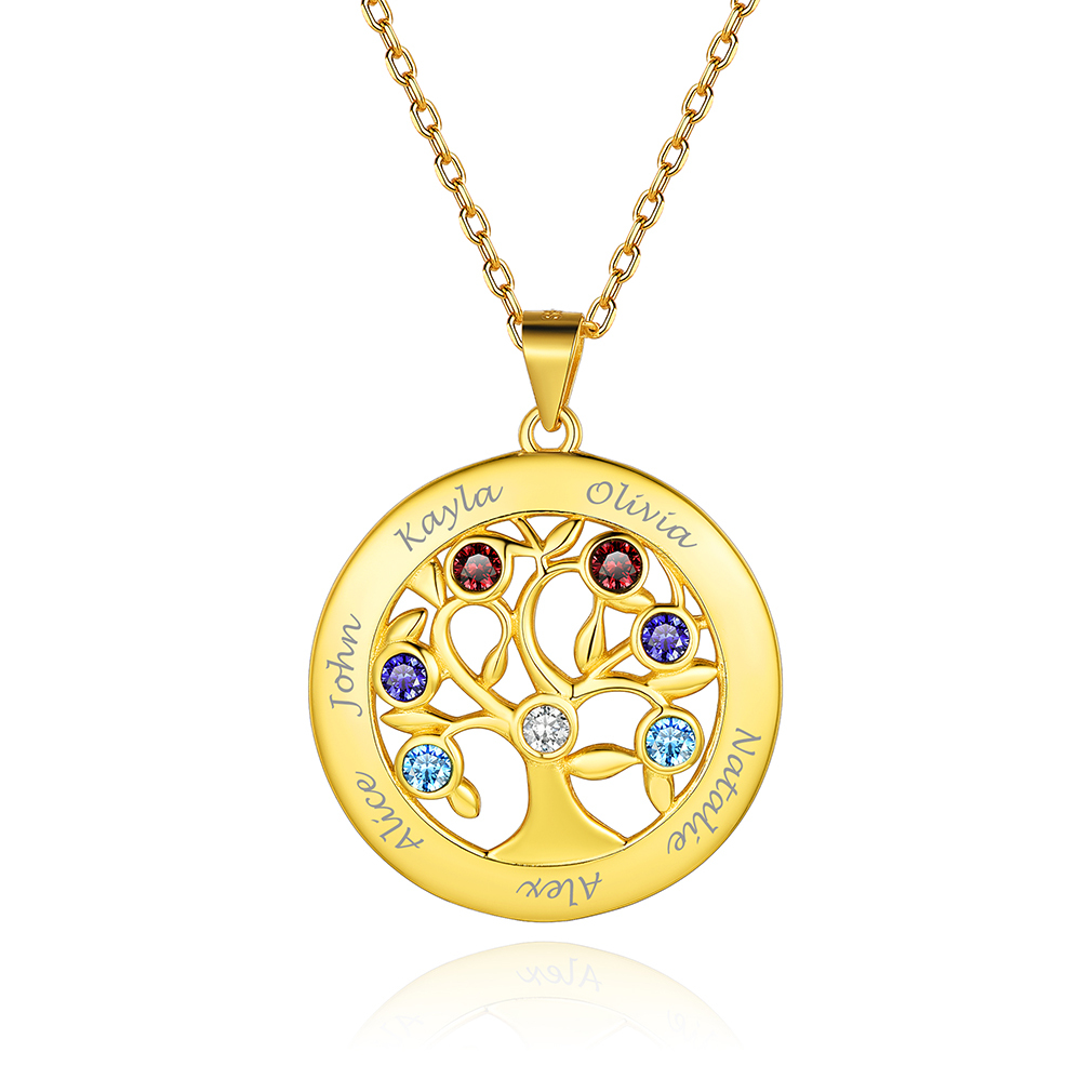 Collier Arbre de vie Personnalisé avec Noms et Pierres de Naissance