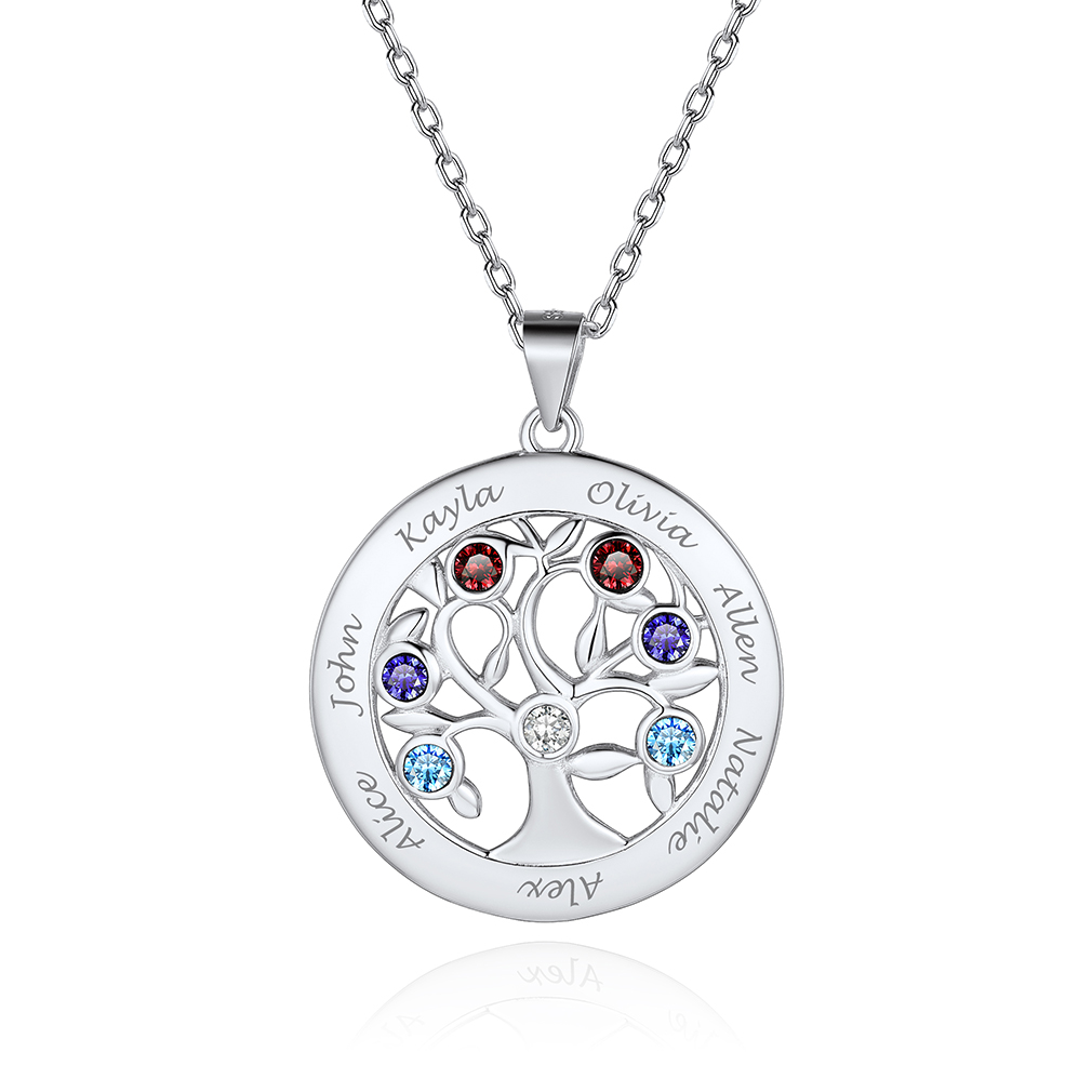 Collier Arbre de vie Personnalisé avec Noms et Pierres de Naissance