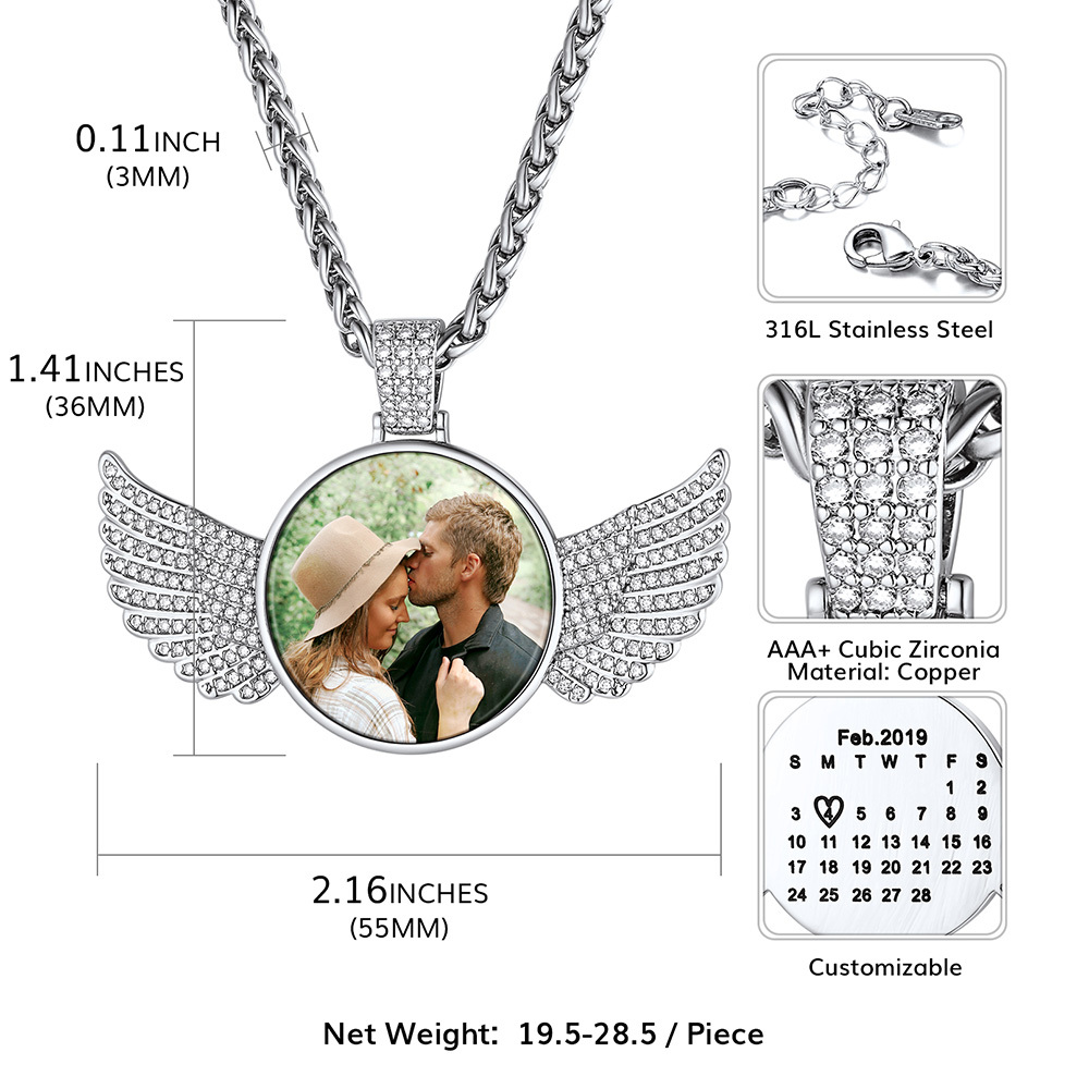 Collier Photo Ailes d’Ange Personnalisé avec Date Calendrier Taille