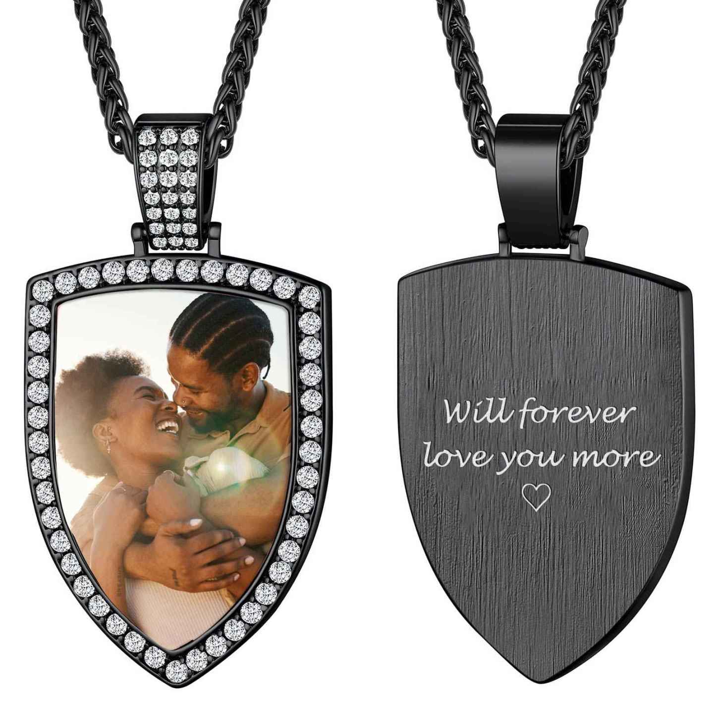 Collier Photo Bouclier Strass Personnalisé Pour Homme Femme noir