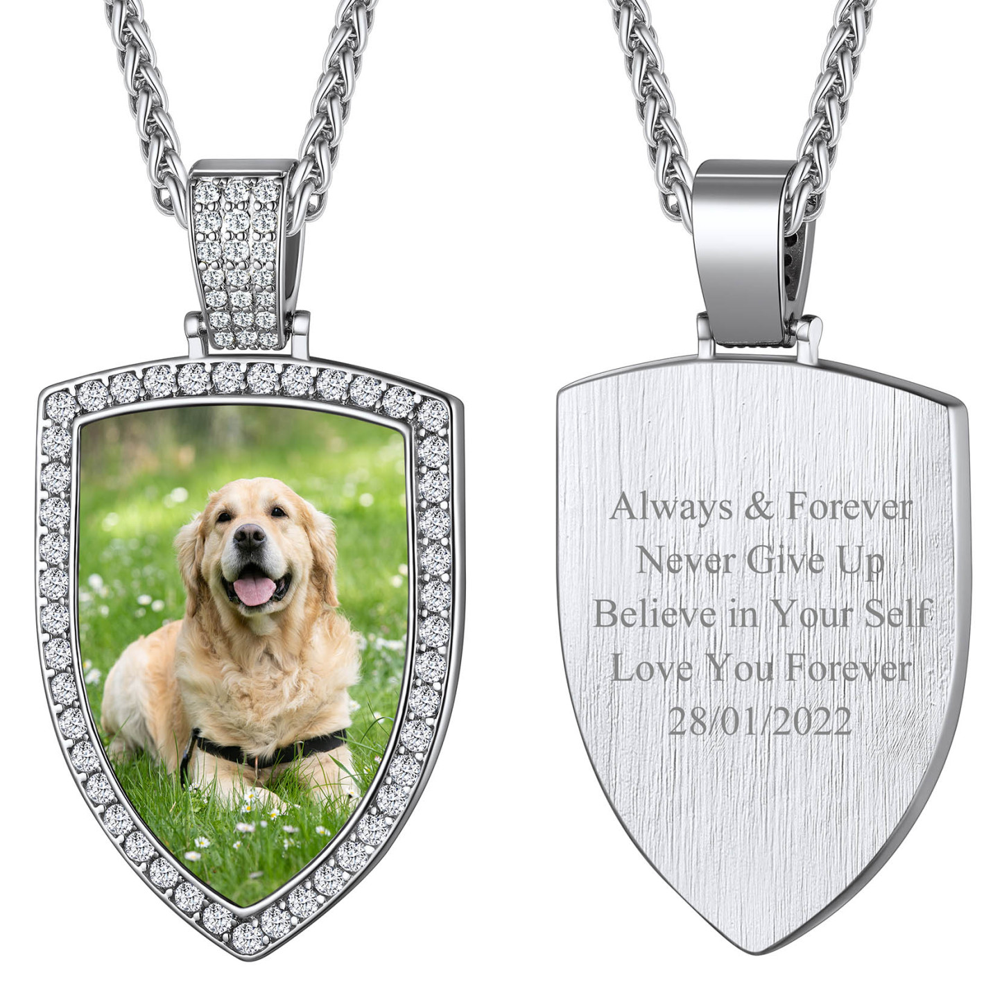 Collier Photo Bouclier Strass Personnalisé Pour Homme Femme