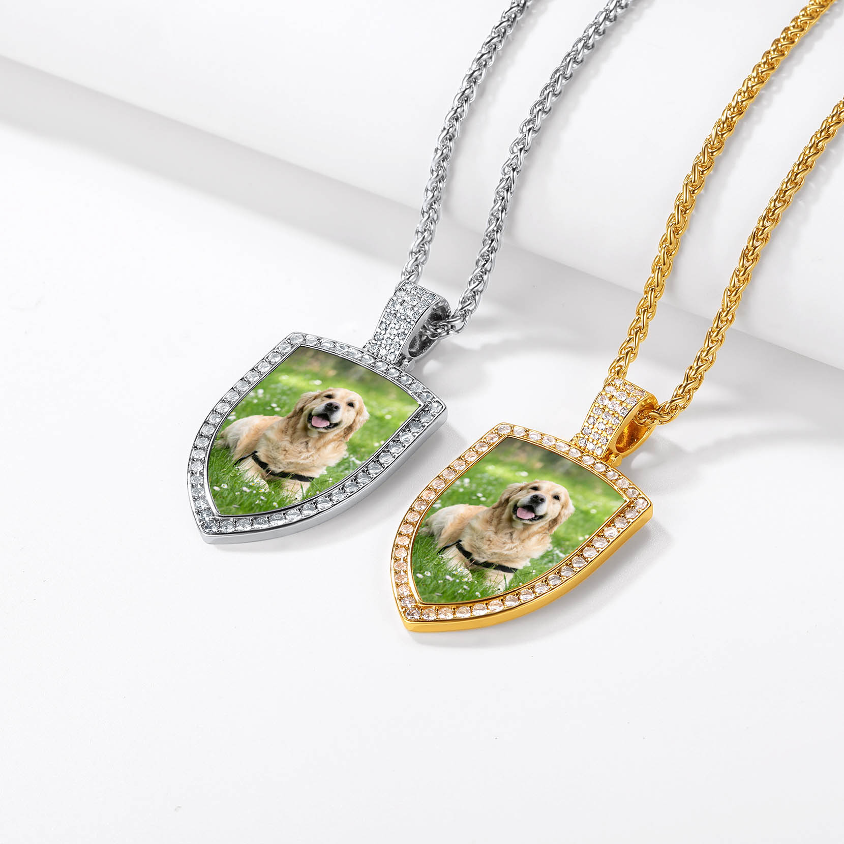 Collier Photo Bouclier Strass Personnalisé Pour Homme Femme 2 couleurs