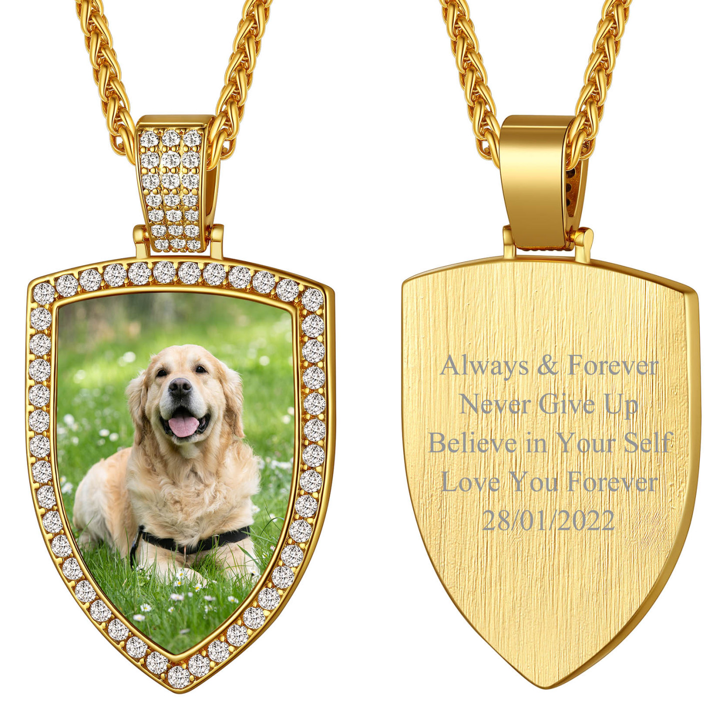 Collier Photo Bouclier Strass Personnalisé Pour Homme Femme or