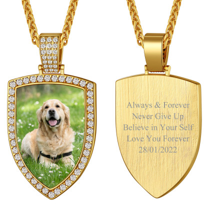 Collier Photo Bouclier Strass Personnalisé Pour Homme Femme or