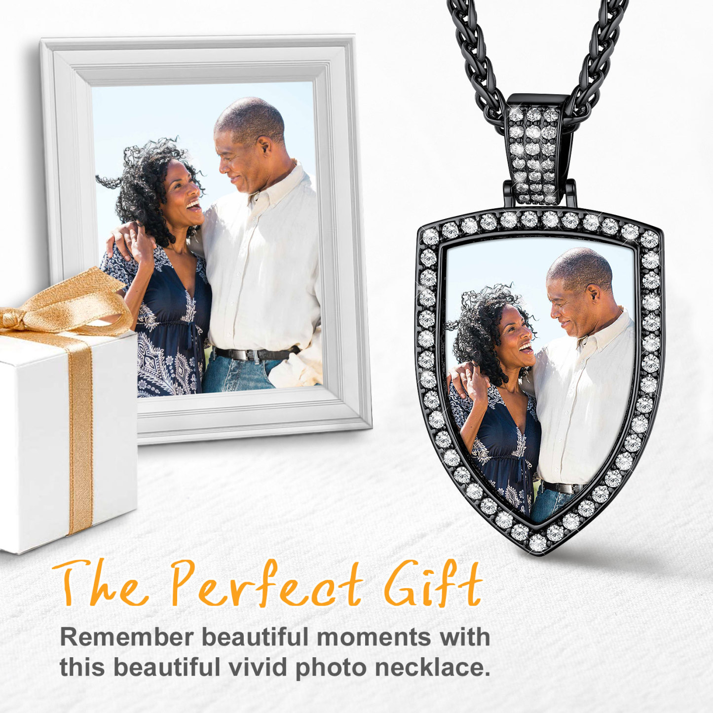 Collier Photo Bouclier Strass Personnalisé Pour couple