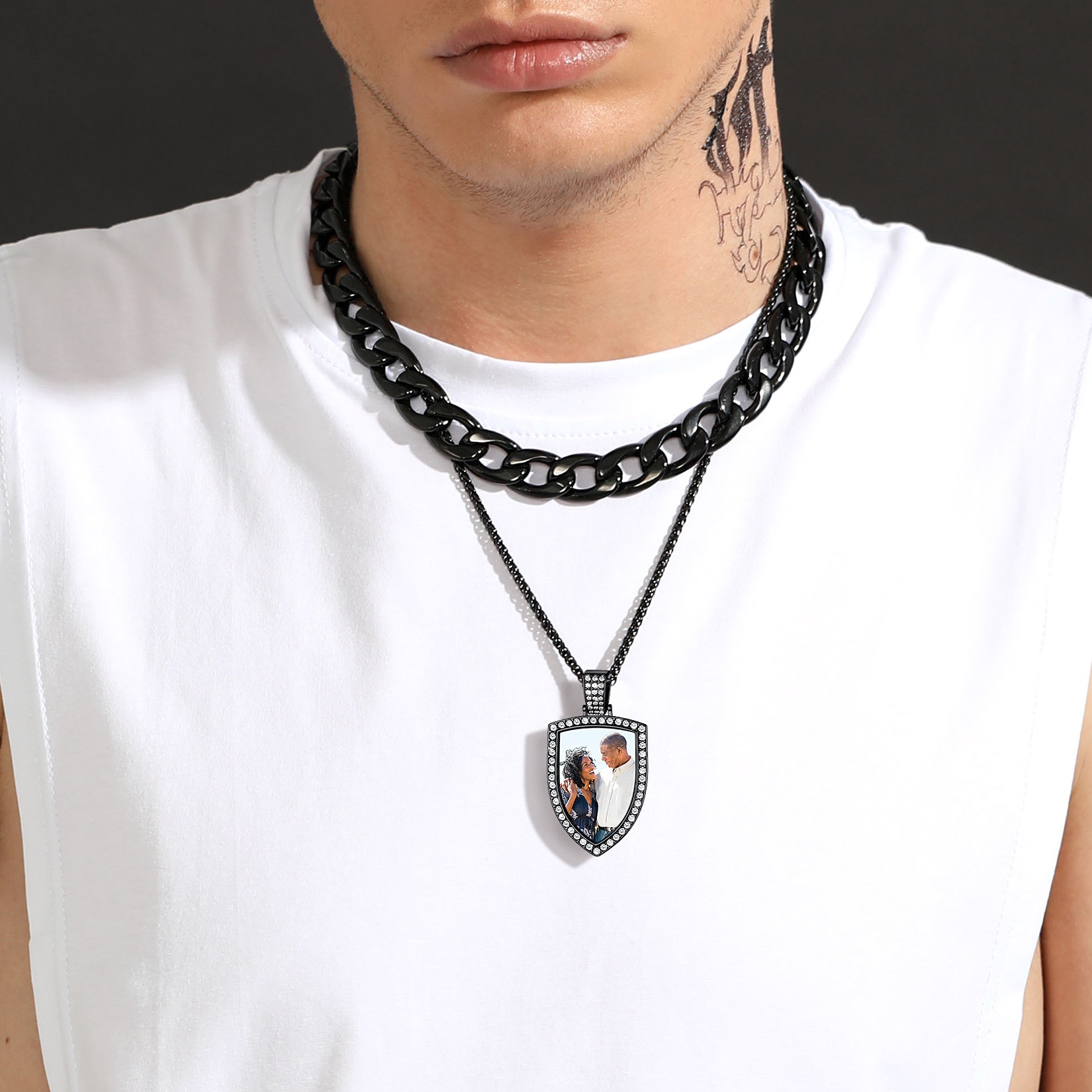 Collier Photo Bouclier Strass Personnalisé Pour Homme 