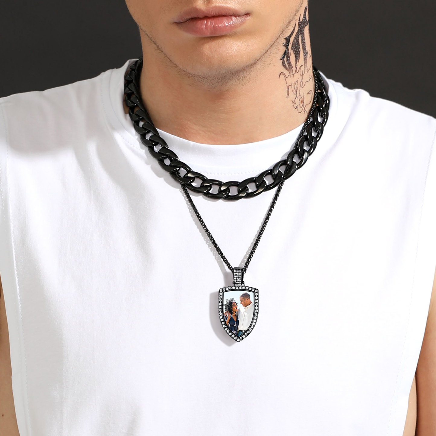 Collier Photo Bouclier Strass Personnalisé Pour Homme 