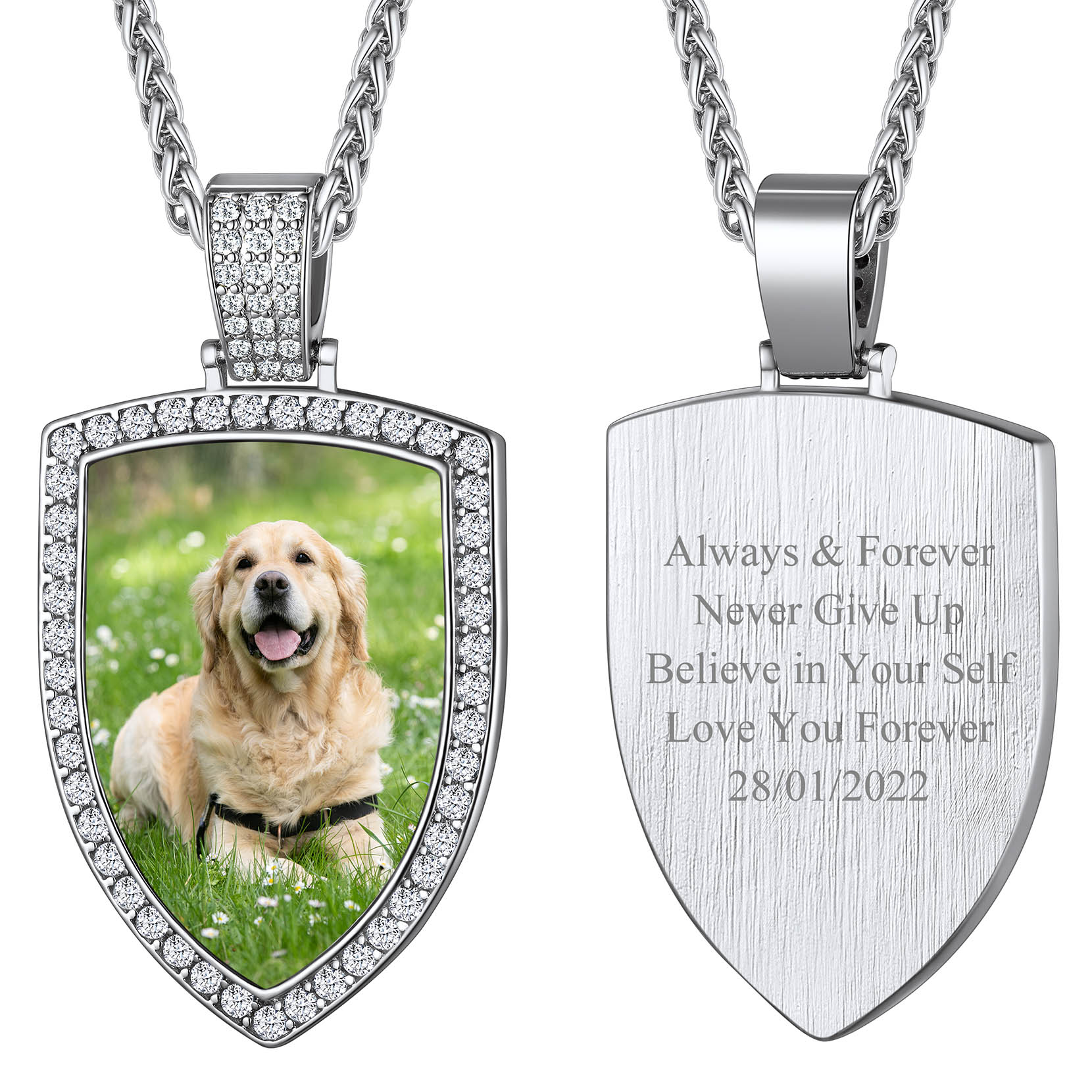 Collier Photo Bouclier Strass Personnalisé Pour Homme Femme