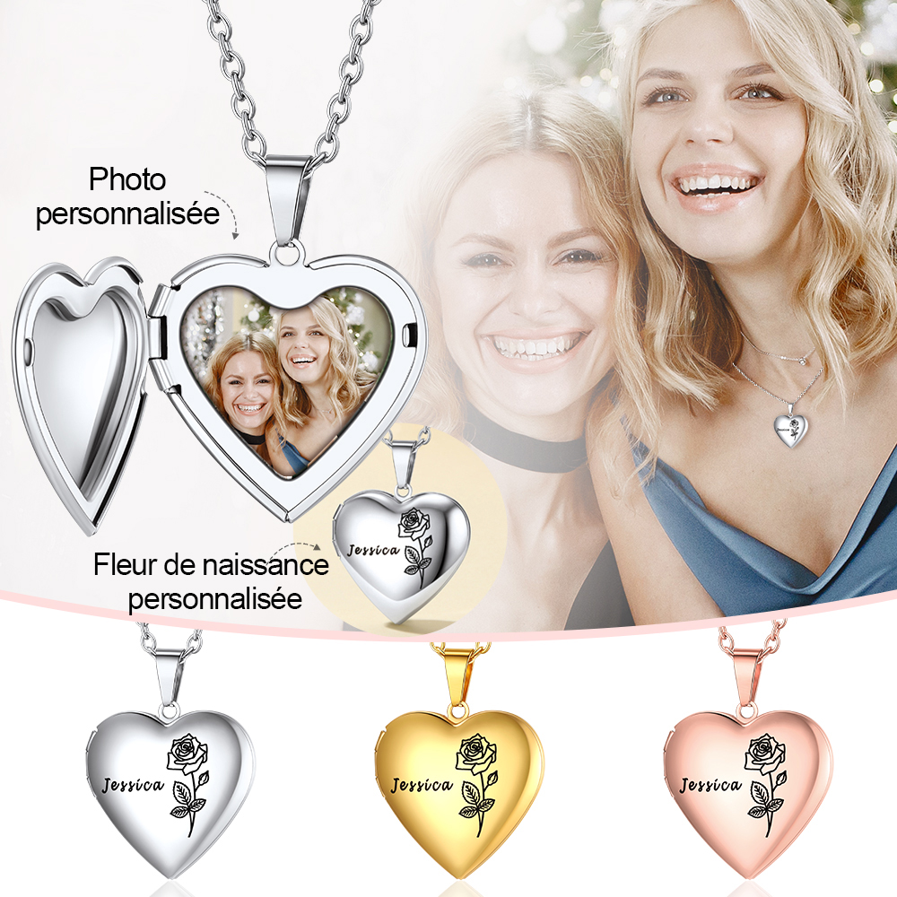 Collier Photo Cœur Fleur de Naissance pour Femme