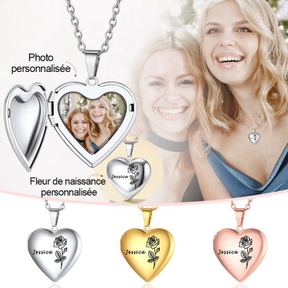 Collier Photo Cœur Fleur de Naissance pour Femme
