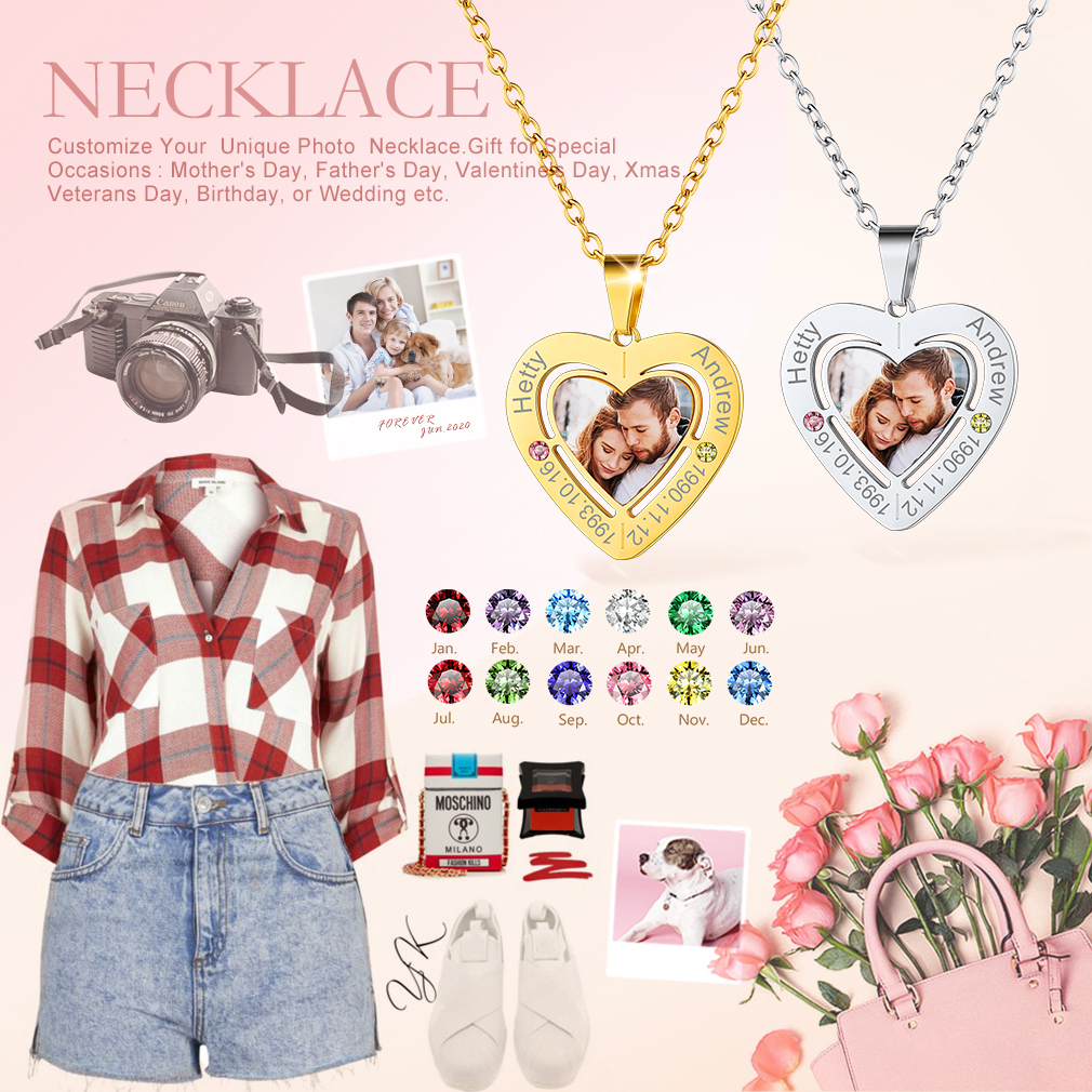 Collier Photo Gravé Médaillon Personnalisé avec pierre de naissance