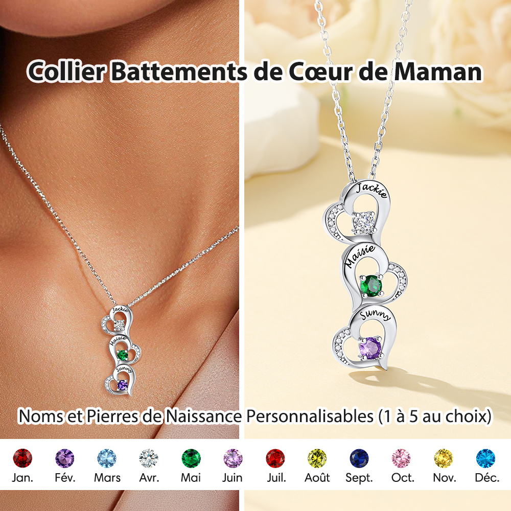 Collier Cœur Personnalisé avec 3 Pierres de Naissance pour Maman