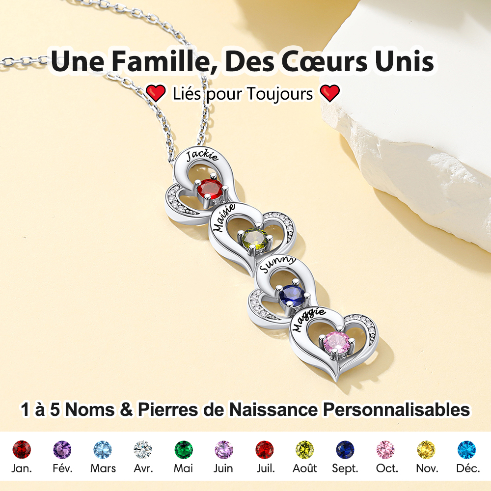 Collier Cœur Personnalisé avec 4 Pierres de Naissance pour Maman