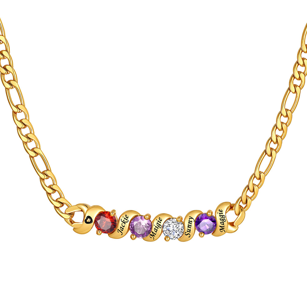 Collier Figaro Personnalisé avec Pierres de Naissance et Gravure pour Famille