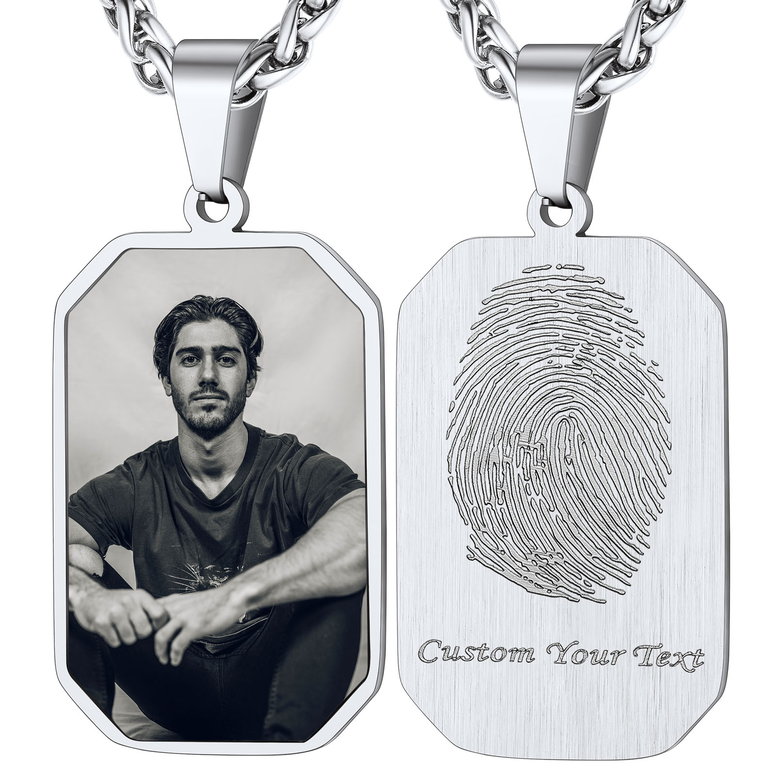 Collier Plaque Militaire Octogonale avec Empreinte et Photo argenté