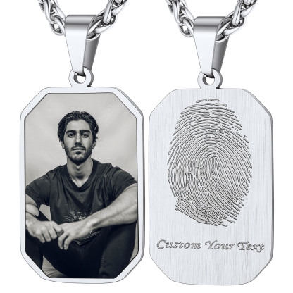 Collier Plaque Militaire Octogonale avec Empreinte et Photo argenté