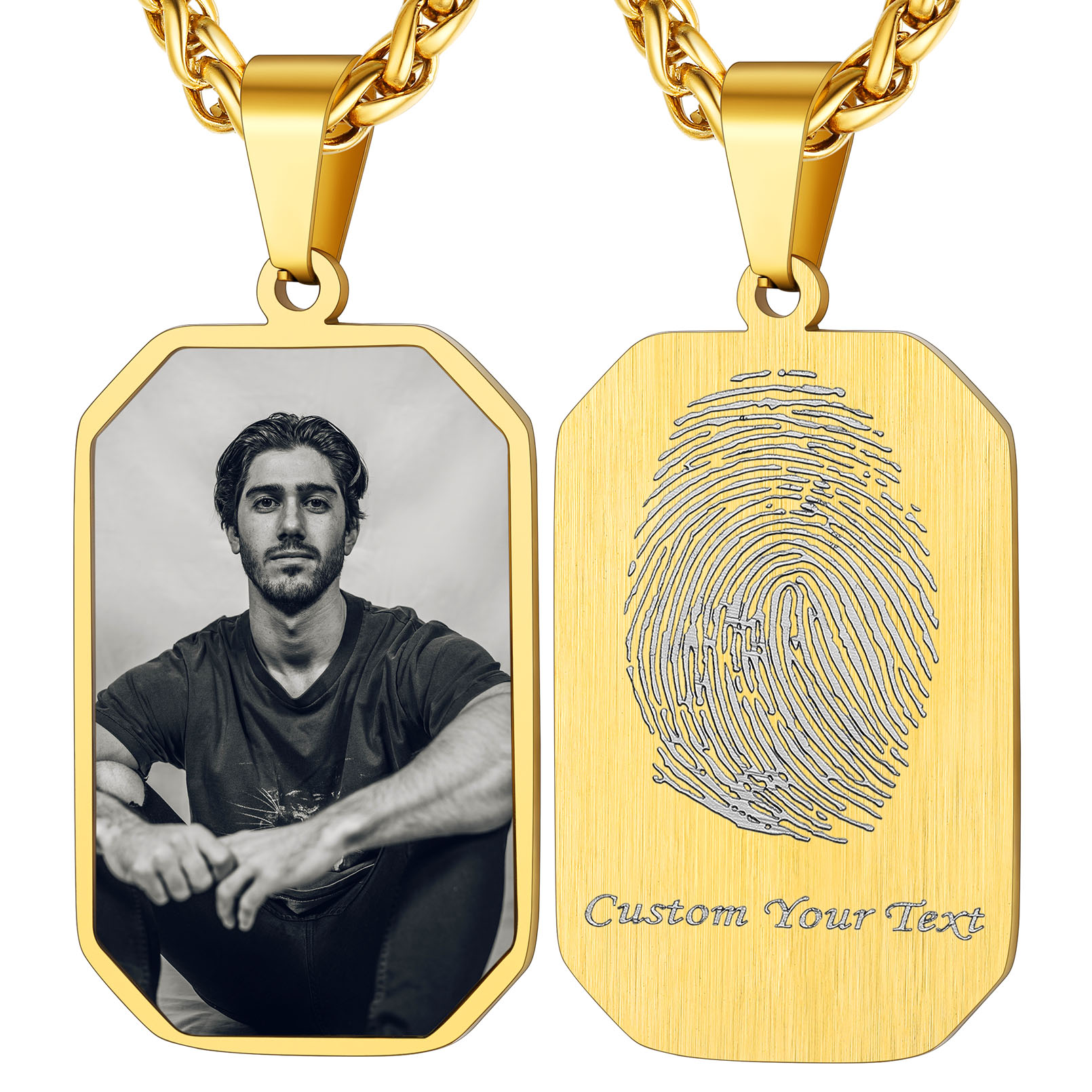 Collier Plaque Militaire Octogonale avec Empreinte et Photo or