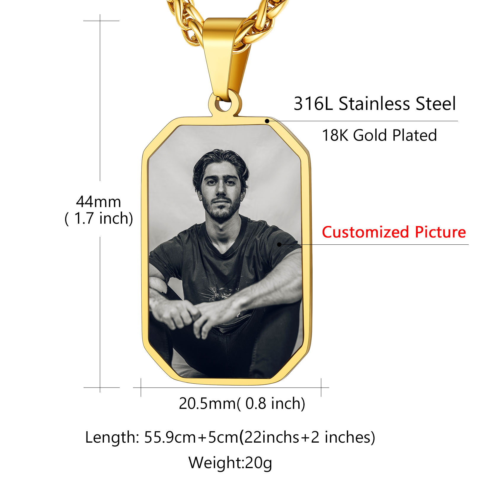 Collier Plaque Militaire Octogonale avec Empreinte et Photo taille