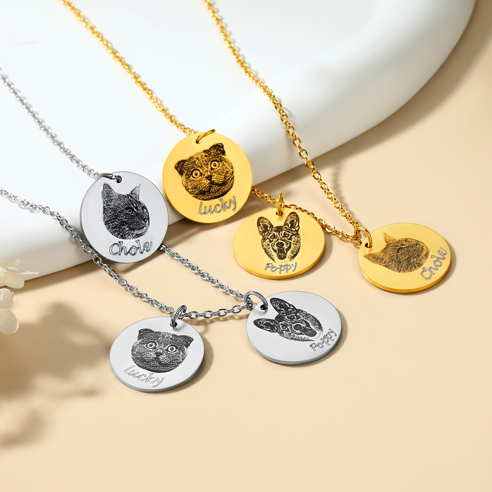 Collier Portrait d'Animal Personnalisé 1-3 Rond avec Nom collection