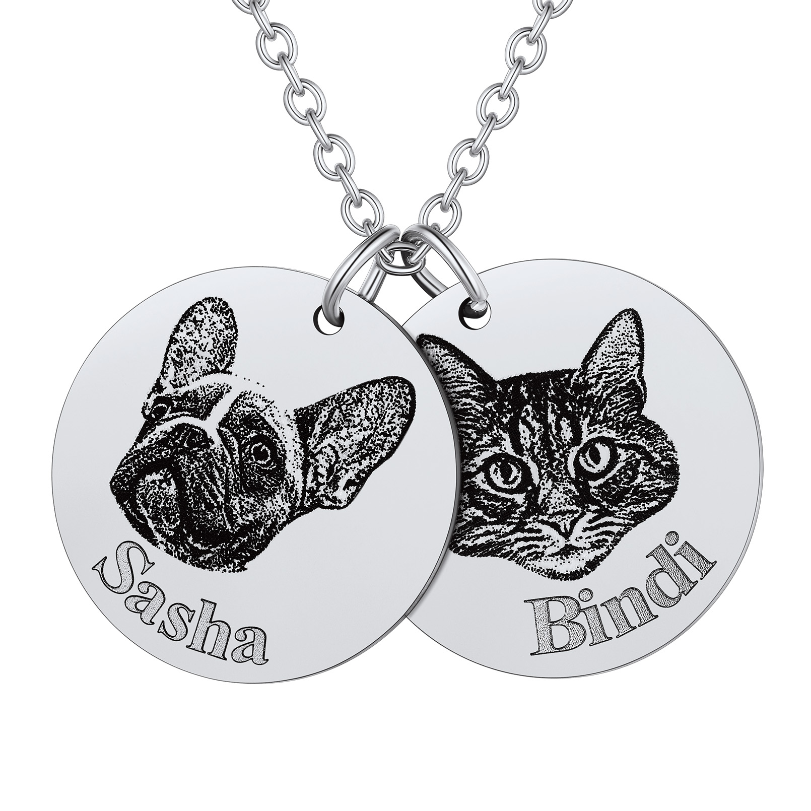 Collier Portrait d'Animal Personnalisé 2 Rond avec Nom