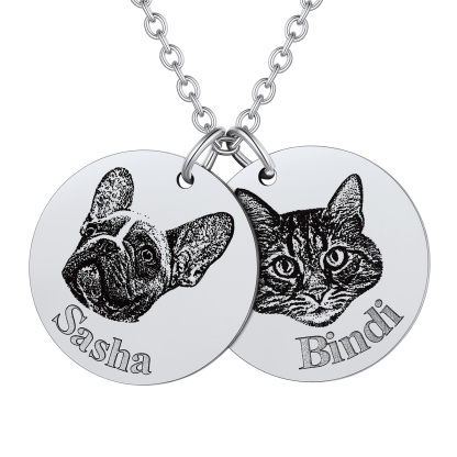 Collier Portrait d'Animal Personnalisé 2 Rond avec Nom