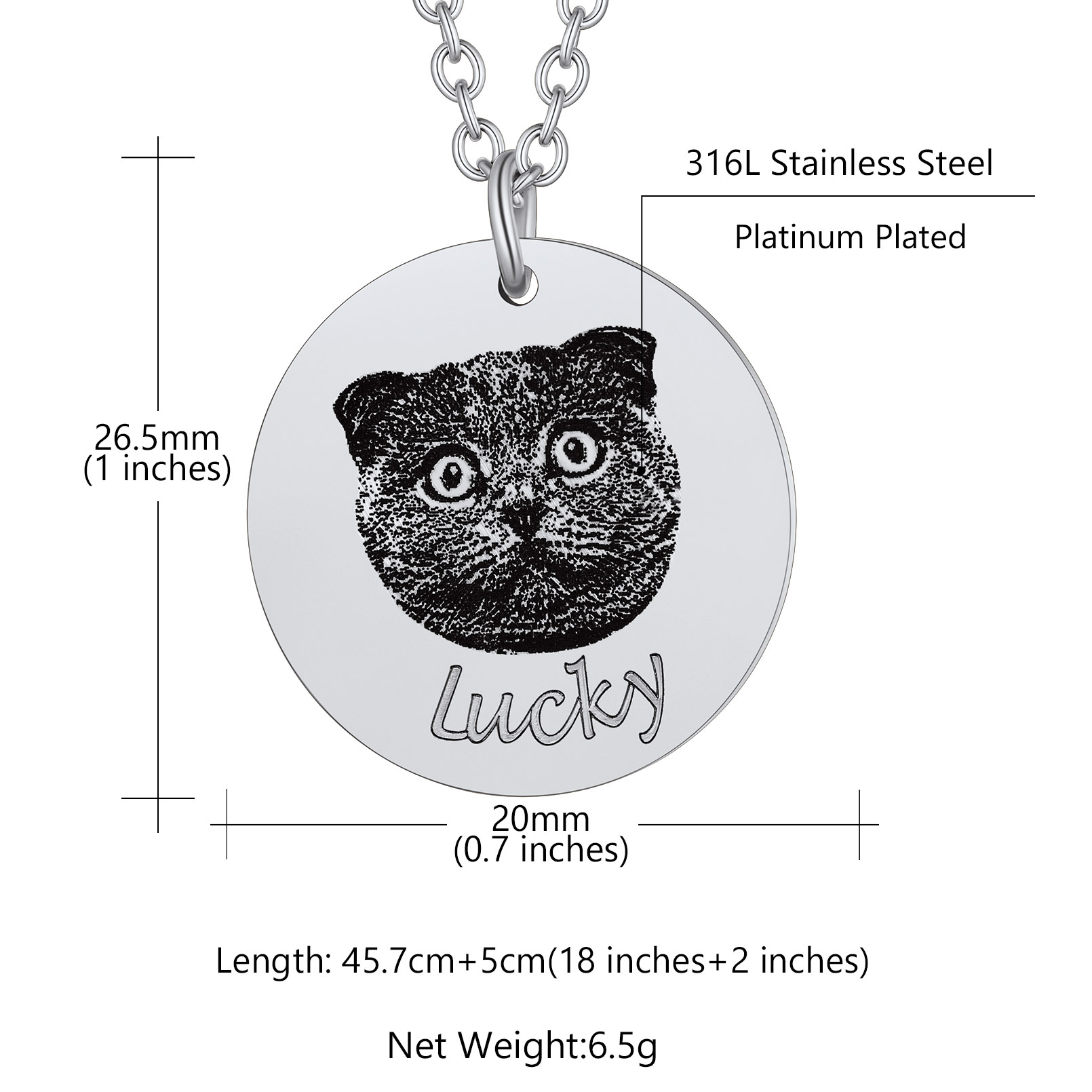 Collier Portrait d'Animal Personnalisé 1-3 Rond avec Nom taille