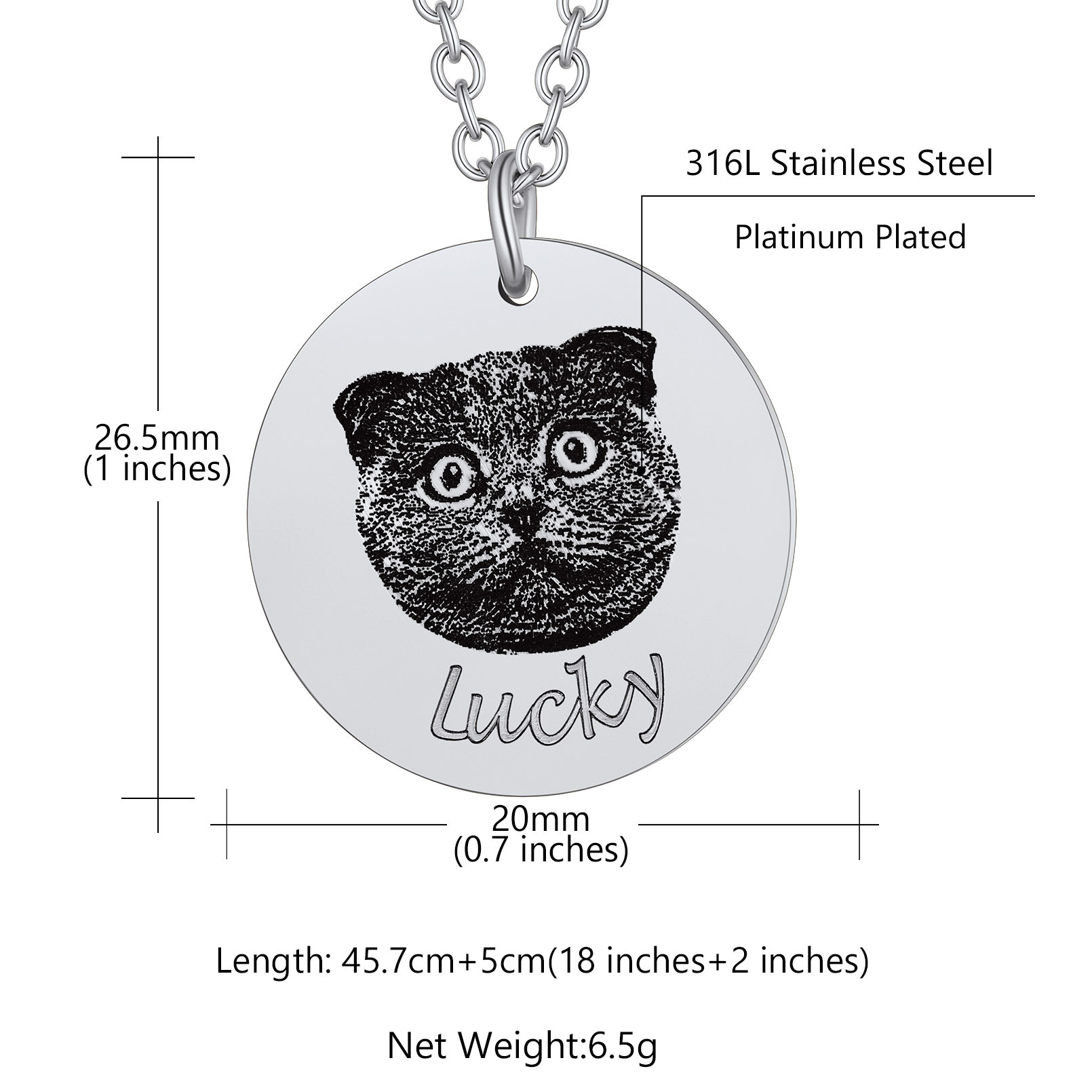 Collier Portrait d'Animal Personnalisé 1-3 Rond avec Nom taille