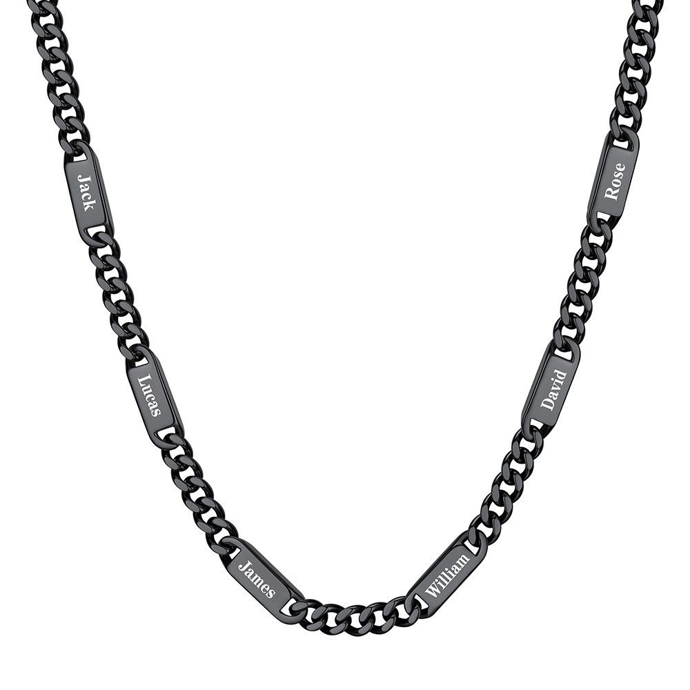 Collier Prénoms Homme – Gravure Personnalisée noir 6 prénoms 7mm