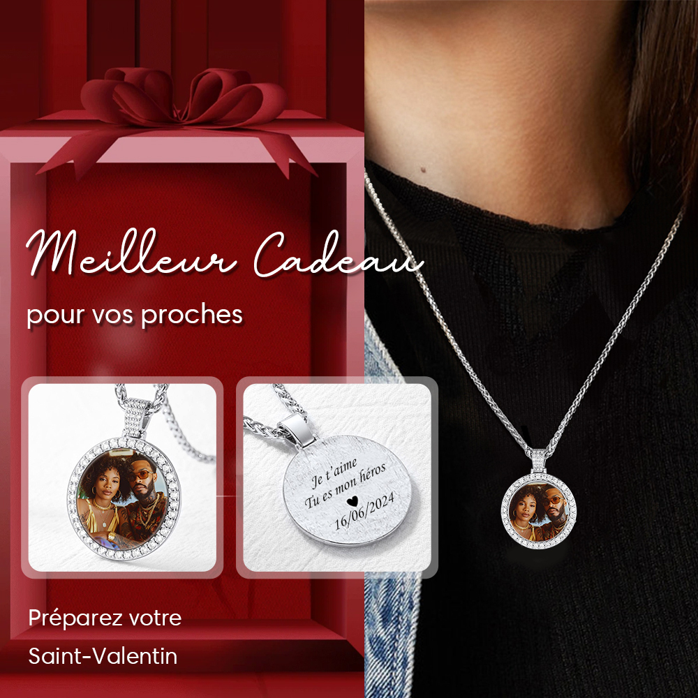 Collier Rond Hip Hop Personnalisé avec Photo et Gravure pour copain