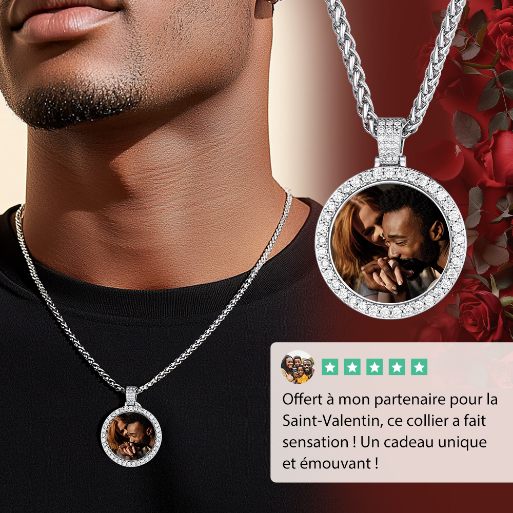 Collier Rond Hip Hop Personnalisé avec Photo et Gravure cadeau pour copain