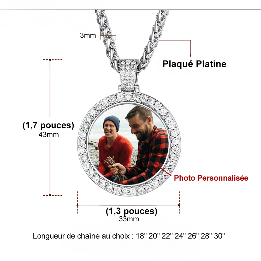Collier Rond Hip Hop Personnalisé avec Photo et Gravure taille