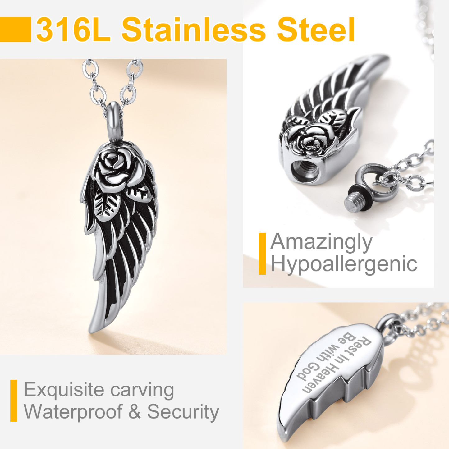 Collier Urne Funéraire Ailes d’Ange Gravé Personnalisé détail