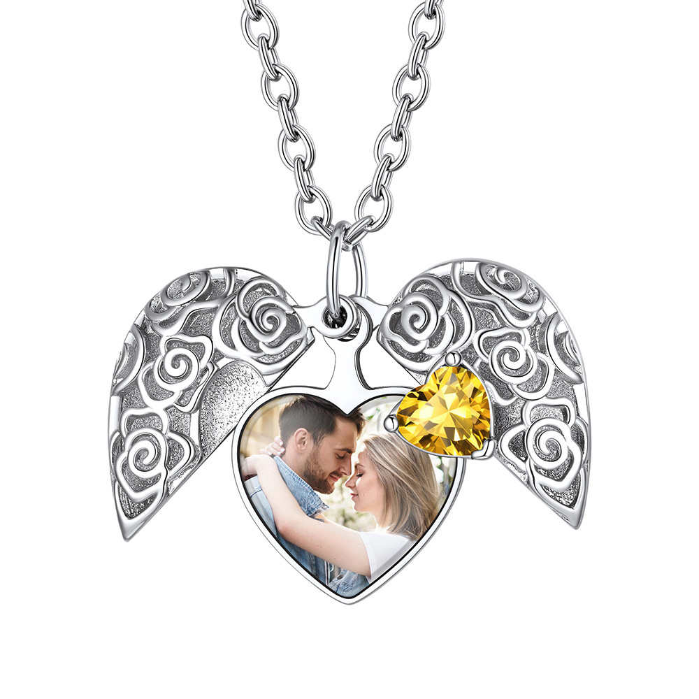 Collier argenté Médaillon Rose Cœur Personnalisé avec Photo et Pierre