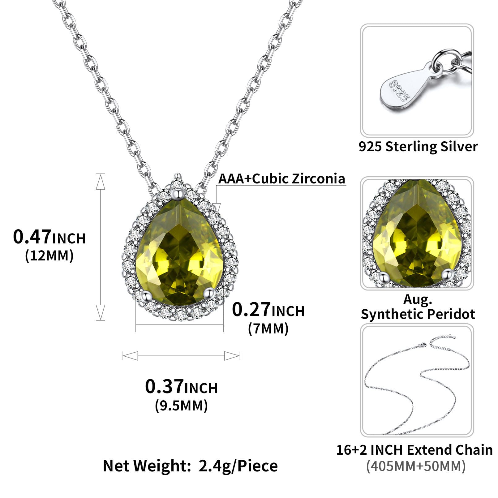 Collier Pendentif Goutte en Argent Sterling avec Pierre de Naissance taille