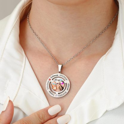 Collier médaillon Gravé Photo avec Prénoms et pierre de naissance