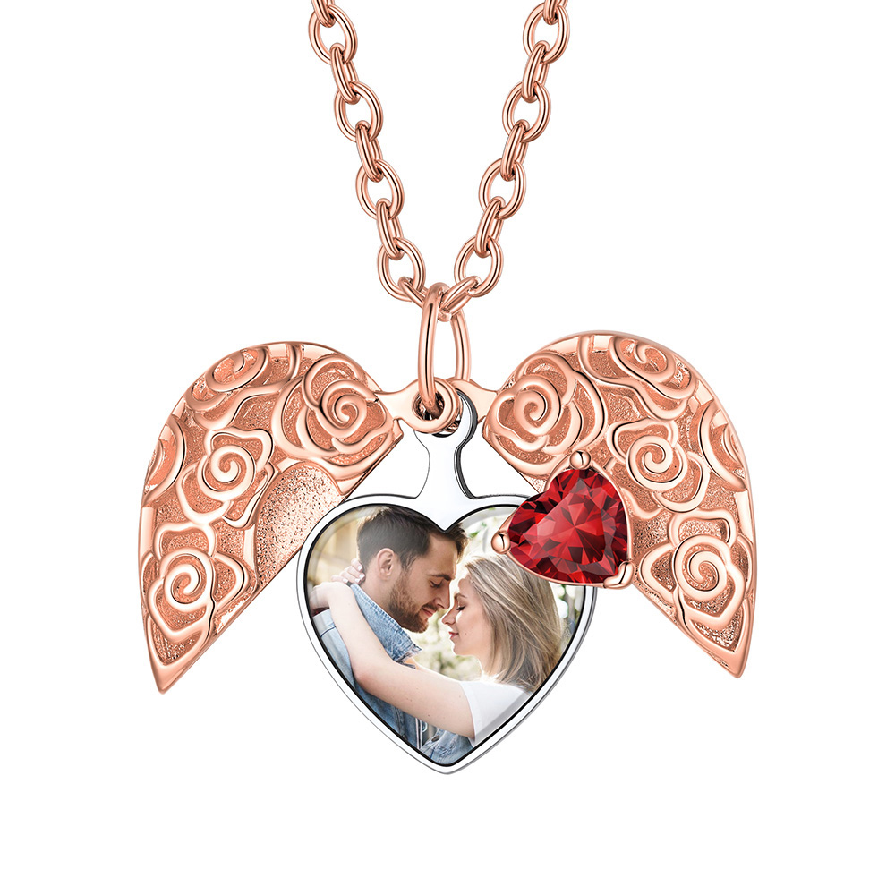 Collier or rose Médaillon Rose Cœur Personnalisé avec Photo et Pierre