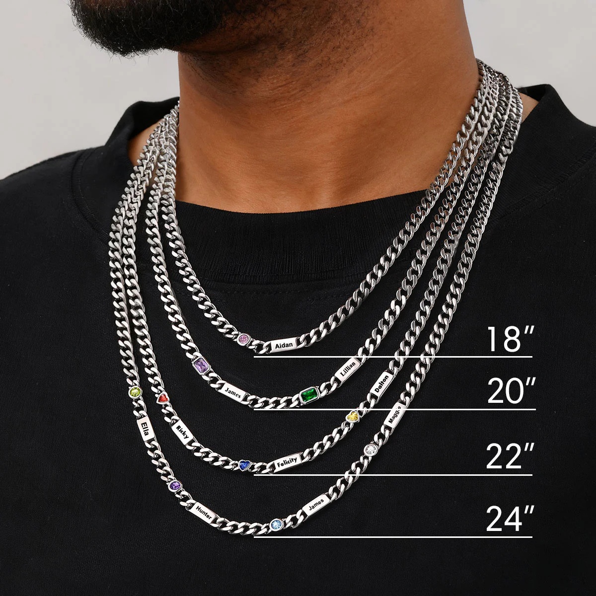 Collier Chaîne Prénoms Personnalisée avec Pierre de naissance taille
