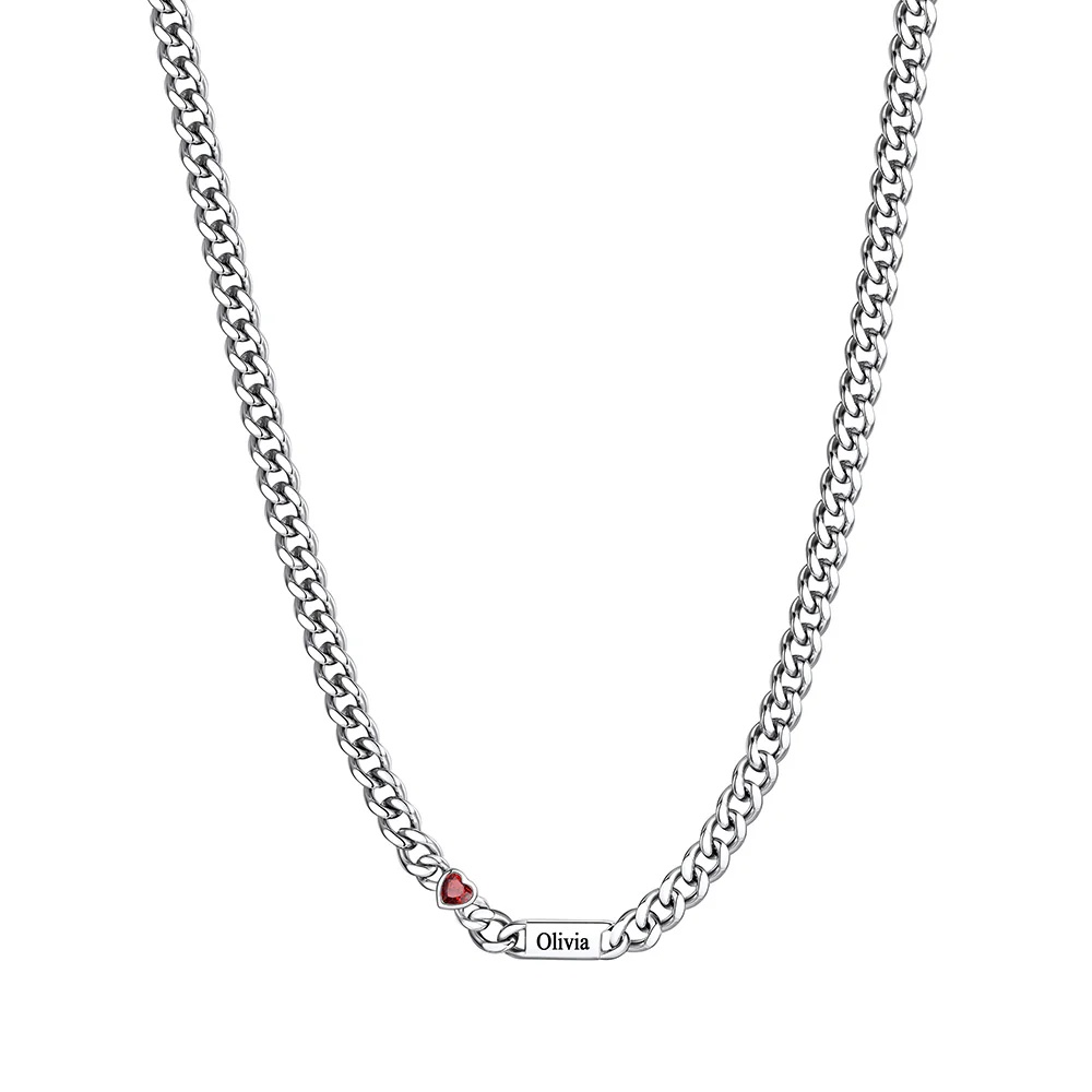 Collier Chaîne Coeur 1 Prénoms Personnalisée avec Pierre de naissance 5MM