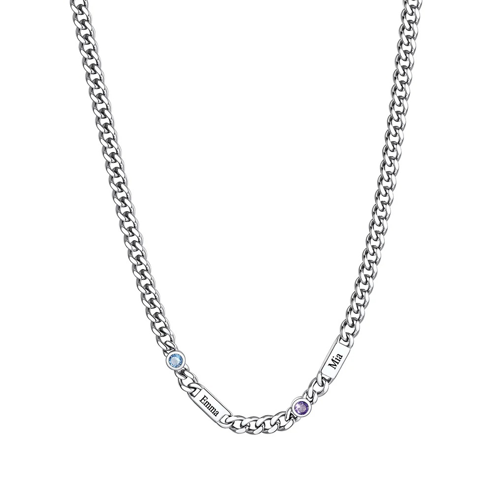 Collier Chaîne Rond 2 Prénoms Personnalisée avec Pierre de naissance 5MM