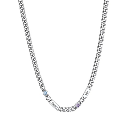 Collier Chaîne Rond 2 Prénoms Personnalisée avec Pierre de naissance 5MM