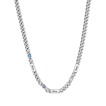 Collier Chaîne Coeur 3 Prénoms Personnalisée avec Pierre de naissance 5MM
