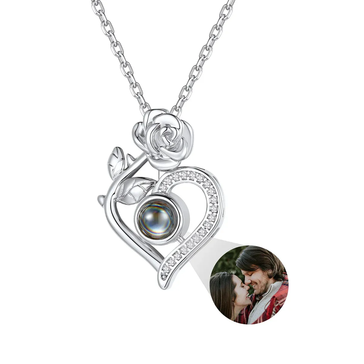Collier Cœur Rose à Projection Photo Argenté